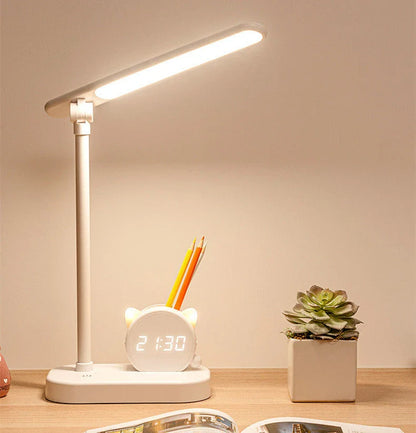 A versatile LED desk lamp with adjustable lighting, a built-in clock, and a pen holder for convenient organization.