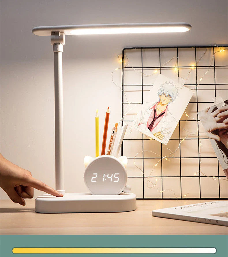 A versatile LED desk lamp with adjustable lighting, a built-in clock, and a pen holder for convenient organization.