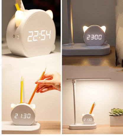 A versatile LED desk lamp with adjustable lighting, a built-in clock, and a pen holder for convenient organization.