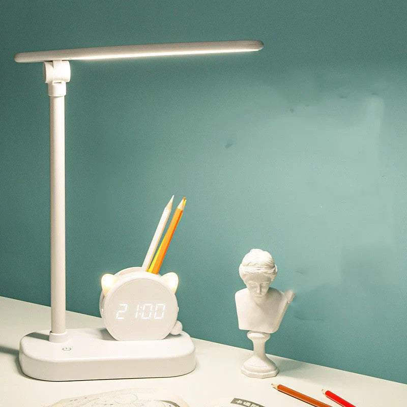 A versatile LED desk lamp with adjustable lighting, a built-in clock, and a pen holder for convenient organization.