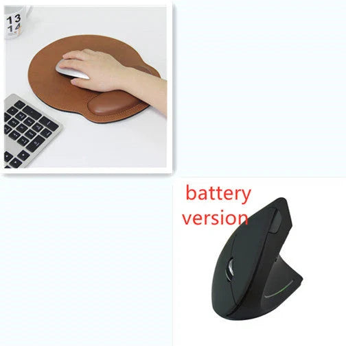 Ergonomic vertical wireless mouse in black and brown with 6 buttons and 10m range