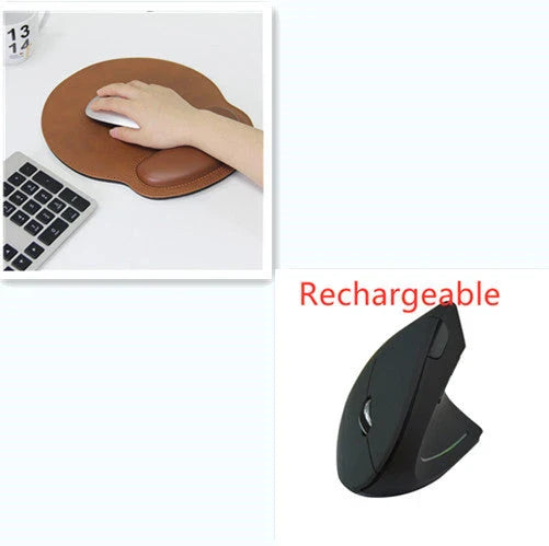Ergonomic vertical wireless mouse in black and brown with 6 buttons and 10m range