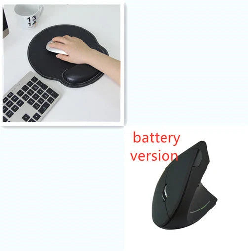 Ergonomic vertical wireless mouse in black and brown with 6 buttons and 10m range