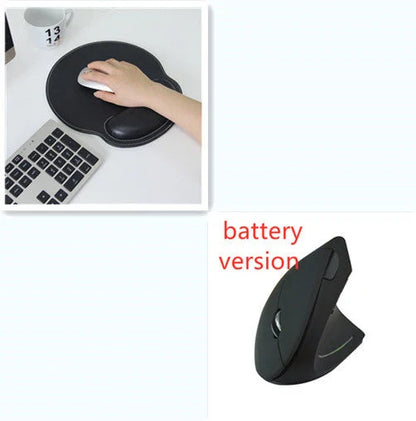Ergonomic vertical wireless mouse in black and brown with 6 buttons and 10m range