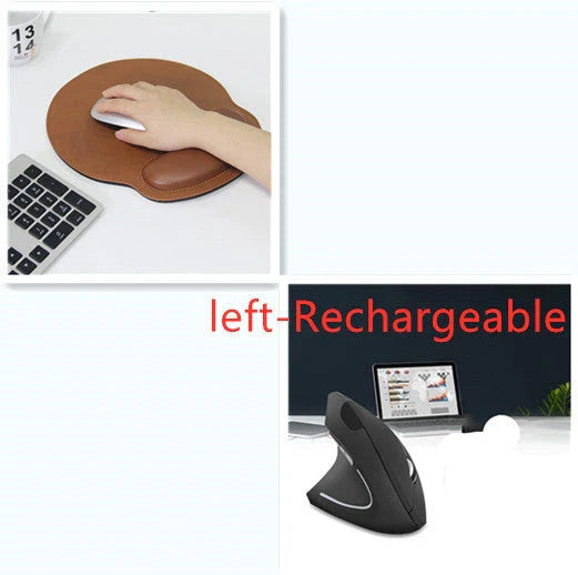 Ergonomic vertical wireless mouse in black and brown with 6 buttons and 10m range