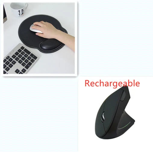 Ergonomic vertical wireless mouse in black and brown with 6 buttons and 10m range
