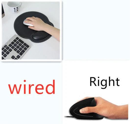 Ergonomic vertical wireless mouse in black and brown with 6 buttons and 10m range
