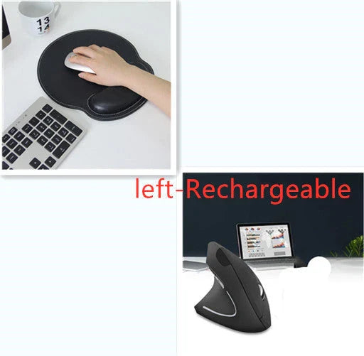 Ergonomic vertical wireless mouse in black and brown with 6 buttons and 10m range