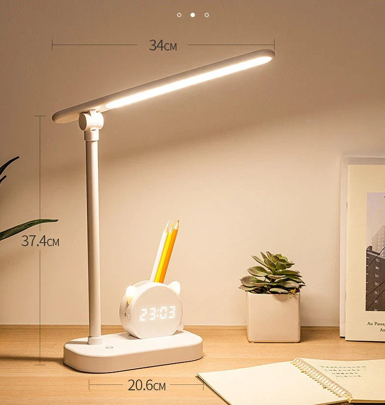 A versatile LED desk lamp with adjustable lighting, a built-in clock, and a pen holder for convenient organization.