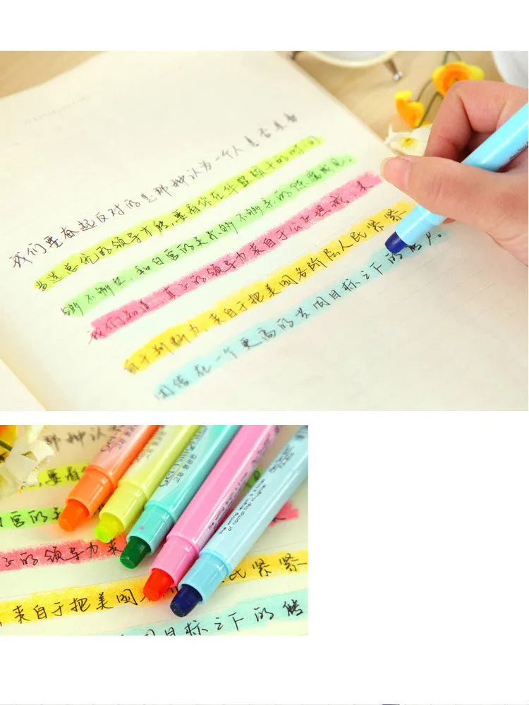 Solid round-tipped highlighter marker pens in a set of six colours