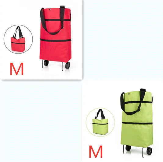 Folding shopping cart with wheels and reusable bags in various colors