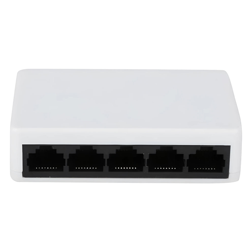 White 5-port 100 Mbps Ethernet switch with LED indicators on a desk
