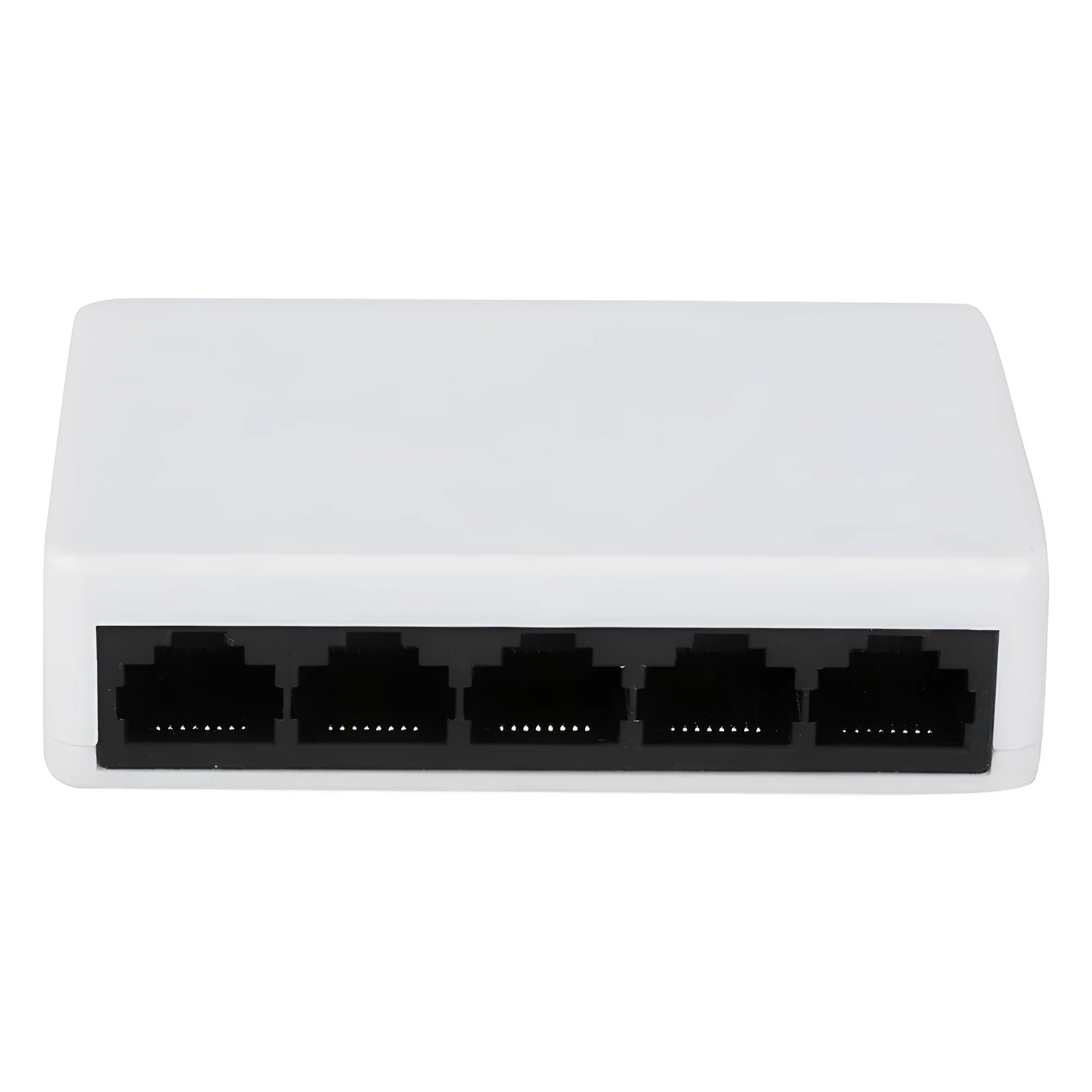 White 5-port 100 Mbps Ethernet switch with LED indicators on a desk