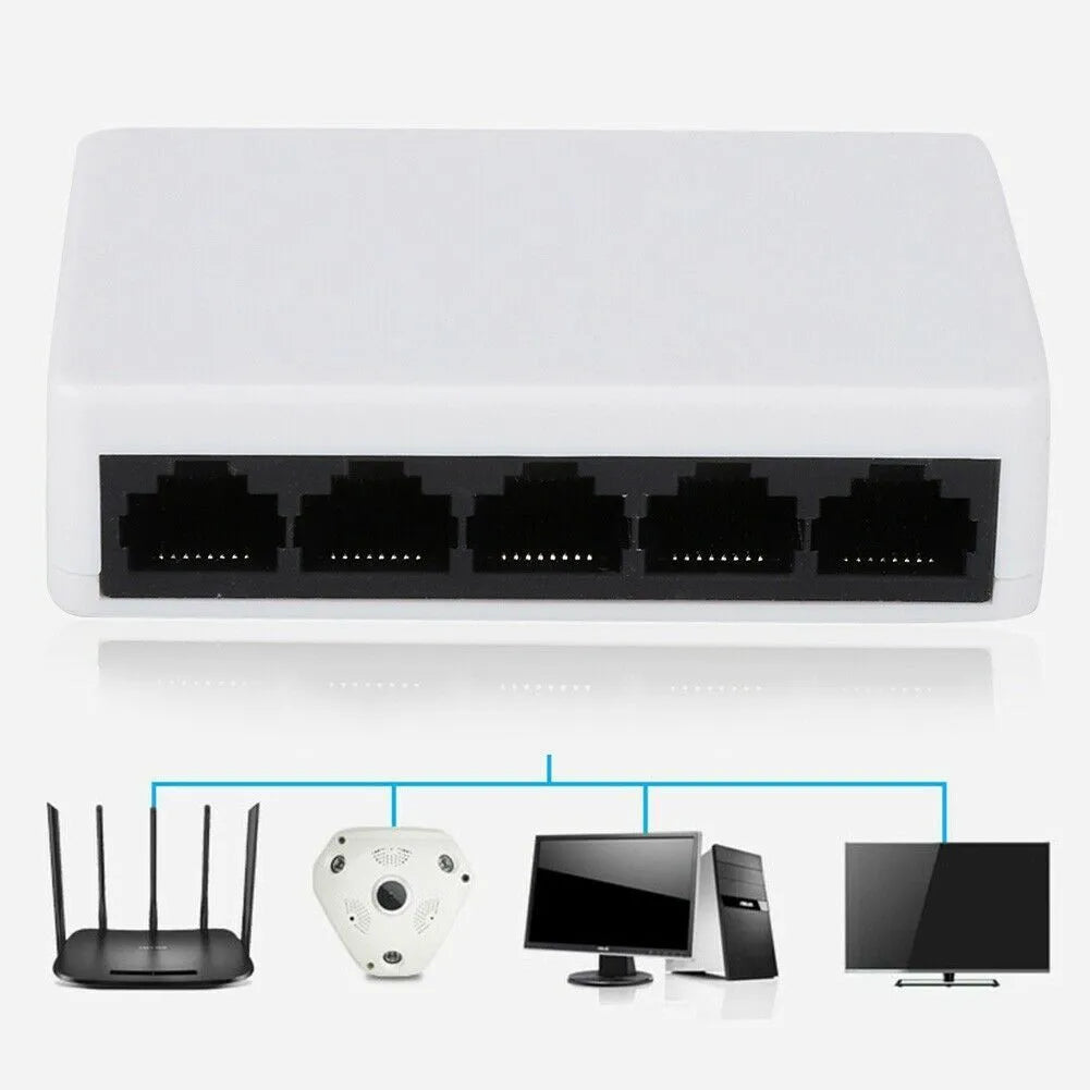 White 5-port 100 Mbps Ethernet switch with LED indicators on a desk