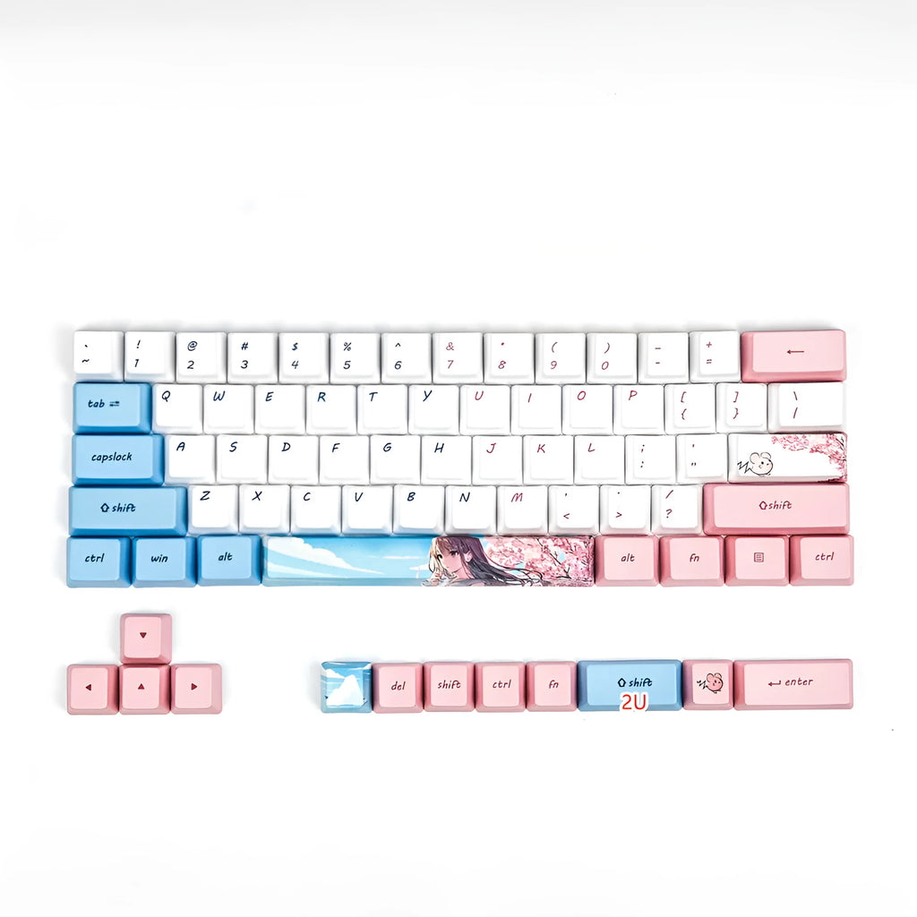 PBT sublimation keycap set with pink cherry blossom cartoon animation design for GK61 mechanical keyboards