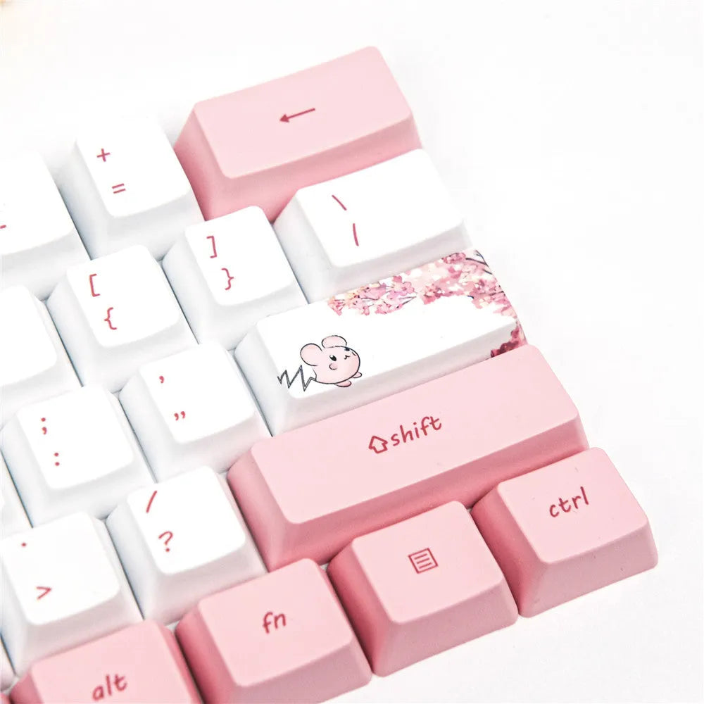 PBT sublimation keycap set with pink cherry blossom cartoon animation design for GK61 mechanical keyboards