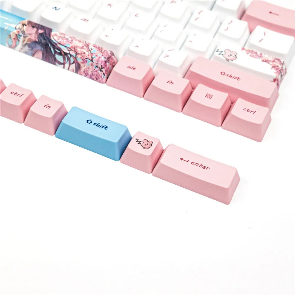 PBT sublimation keycap set with pink cherry blossom cartoon animation design for GK61 mechanical keyboards