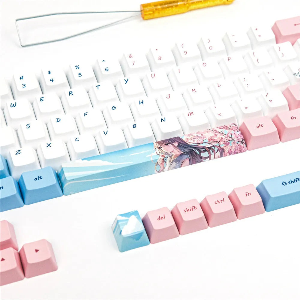 PBT sublimation keycap set with pink cherry blossom cartoon animation design for GK61 mechanical keyboards