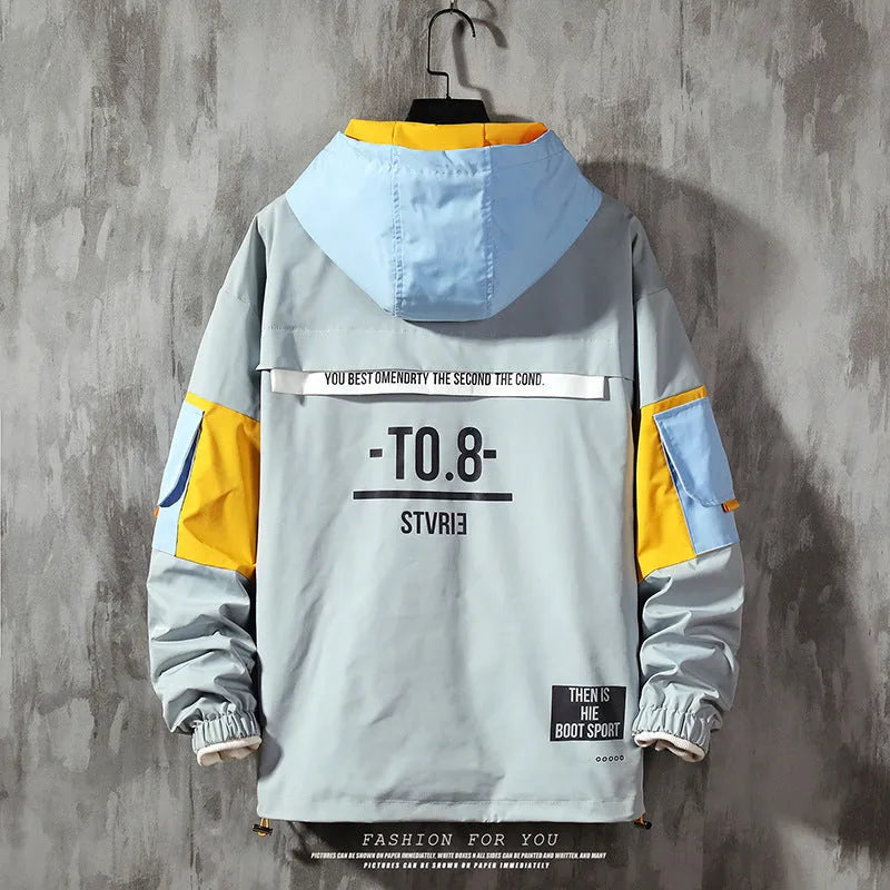 Men's plus size grey hooded jacket with colour block and letter pattern, full-length zipper, side pockets