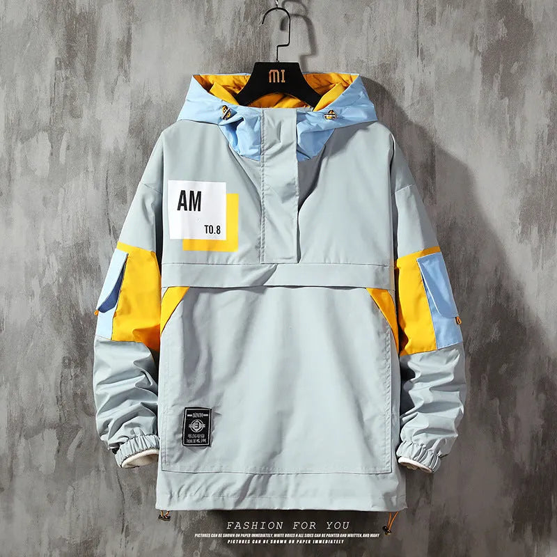 Men's plus size grey hooded jacket with colour block and letter pattern, full-length zipper, side pockets