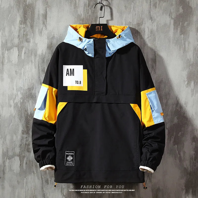 Men's plus size grey hooded jacket with colour block and letter pattern, full-length zipper, side pockets