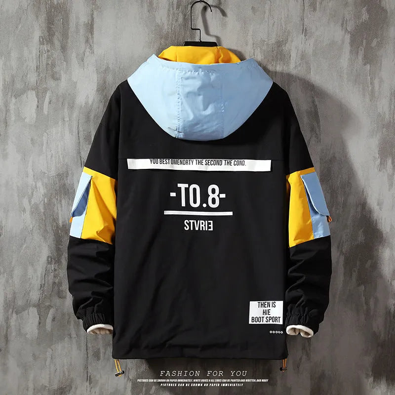 Men's plus size grey hooded jacket with colour block and letter pattern, full-length zipper, side pockets