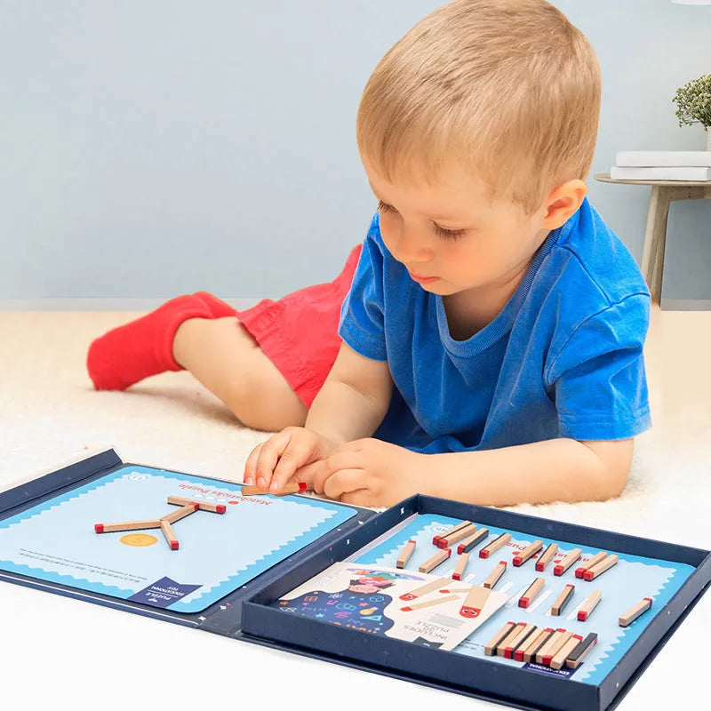 Wooden educational toy with matchsticks and question cards for children's logical thinking development
