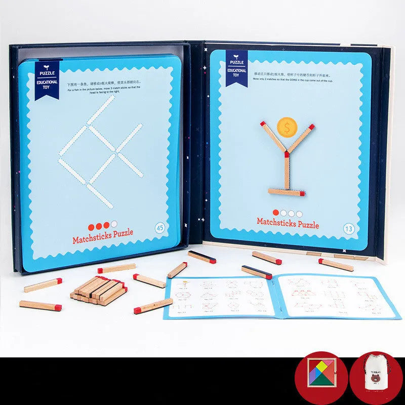 Wooden educational toy with matchsticks and question cards for children's logical thinking development