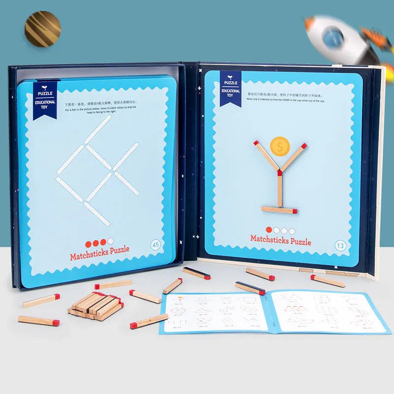 Wooden educational toy with matchsticks and question cards for children's logical thinking development