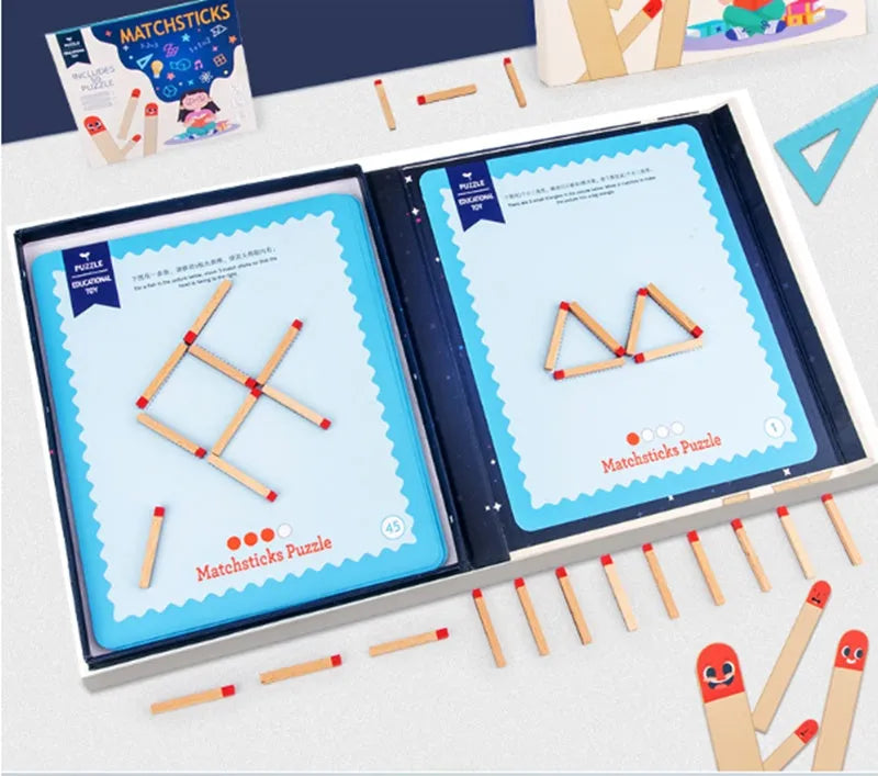 Wooden educational toy with matchsticks and question cards for children's logical thinking development
