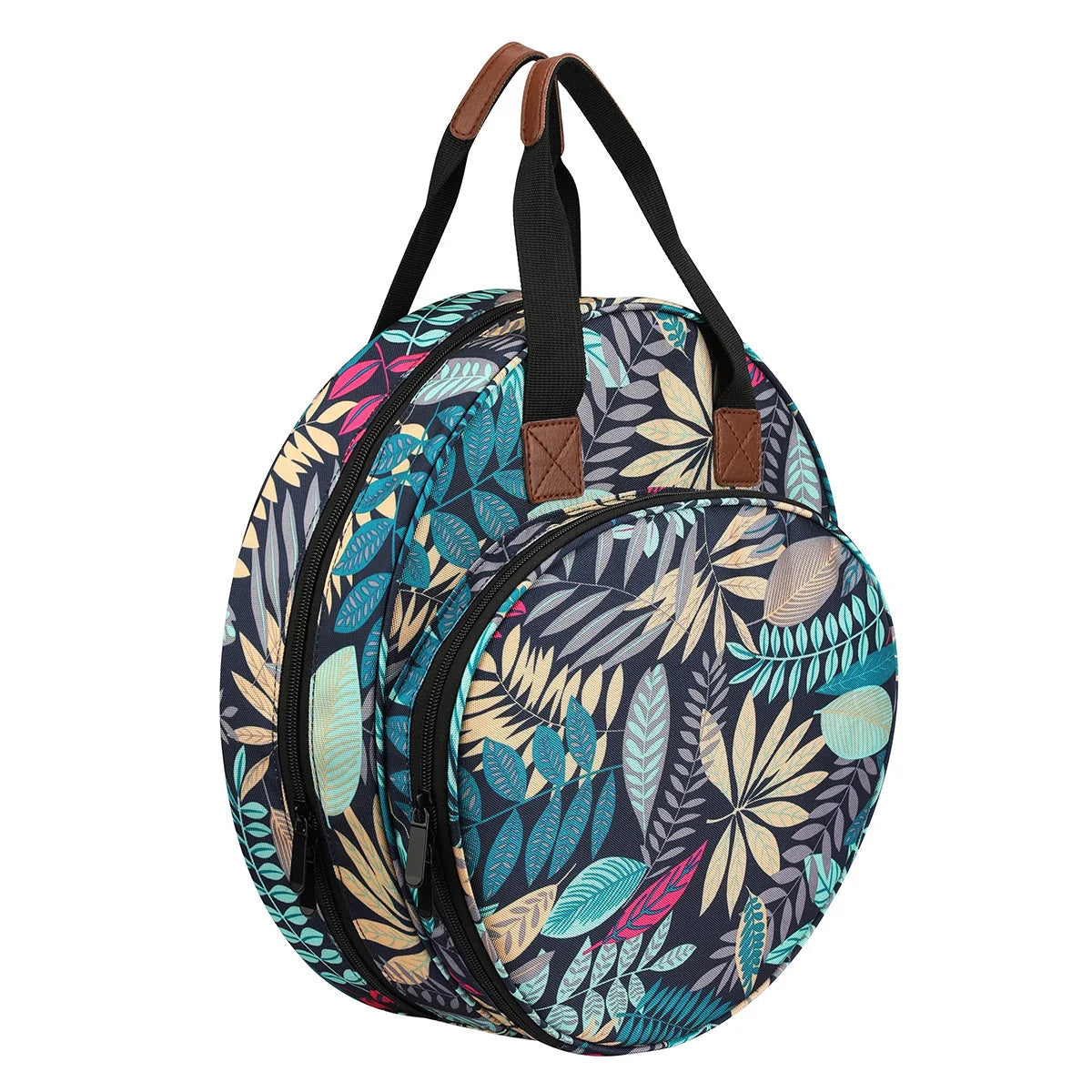 Navy blue round embroidered circle bag with maple leaves design for sewing and knitting tool storage