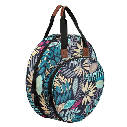 Navy blue round embroidered circle bag with maple leaves design for sewing and knitting tool storage