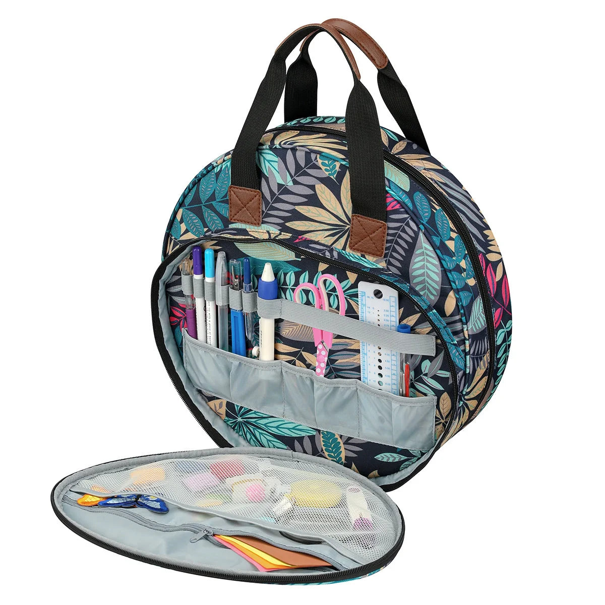 Navy blue round embroidered circle bag with maple leaves design for sewing and knitting tool storage