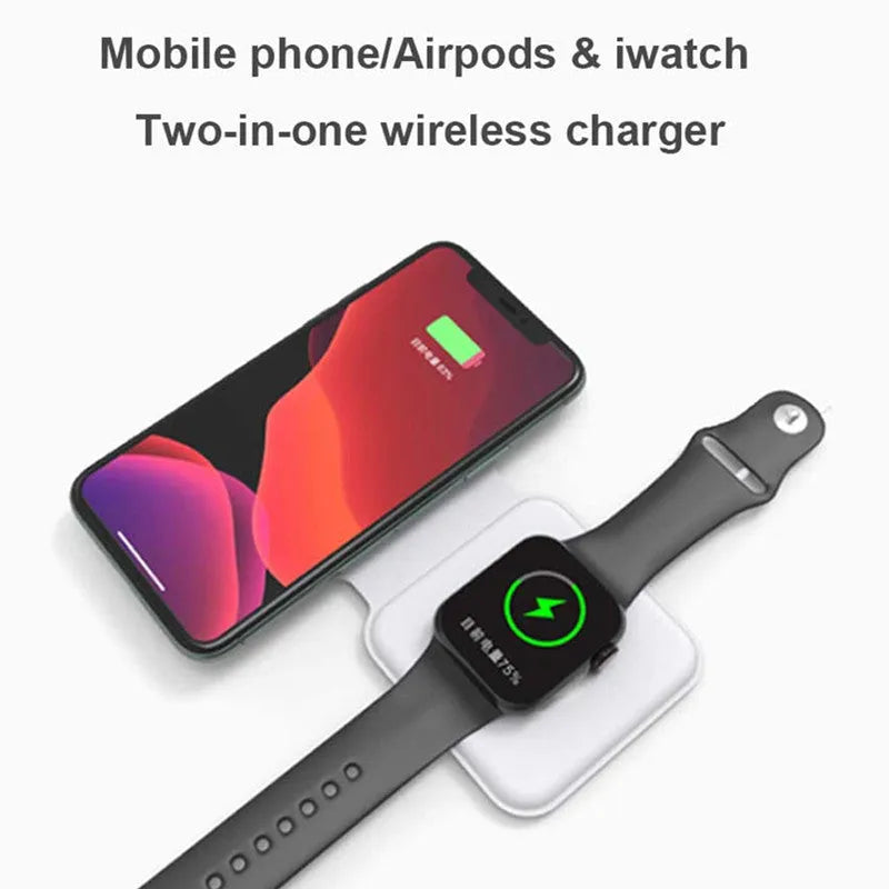 White foldable magnetic wireless charging dock showing two phones charging simultaneously at an angle.