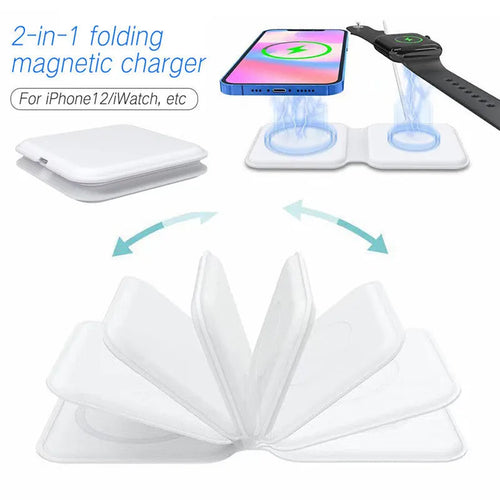 White foldable magnetic wireless charging dock showing two phones charging simultaneously at an angle.