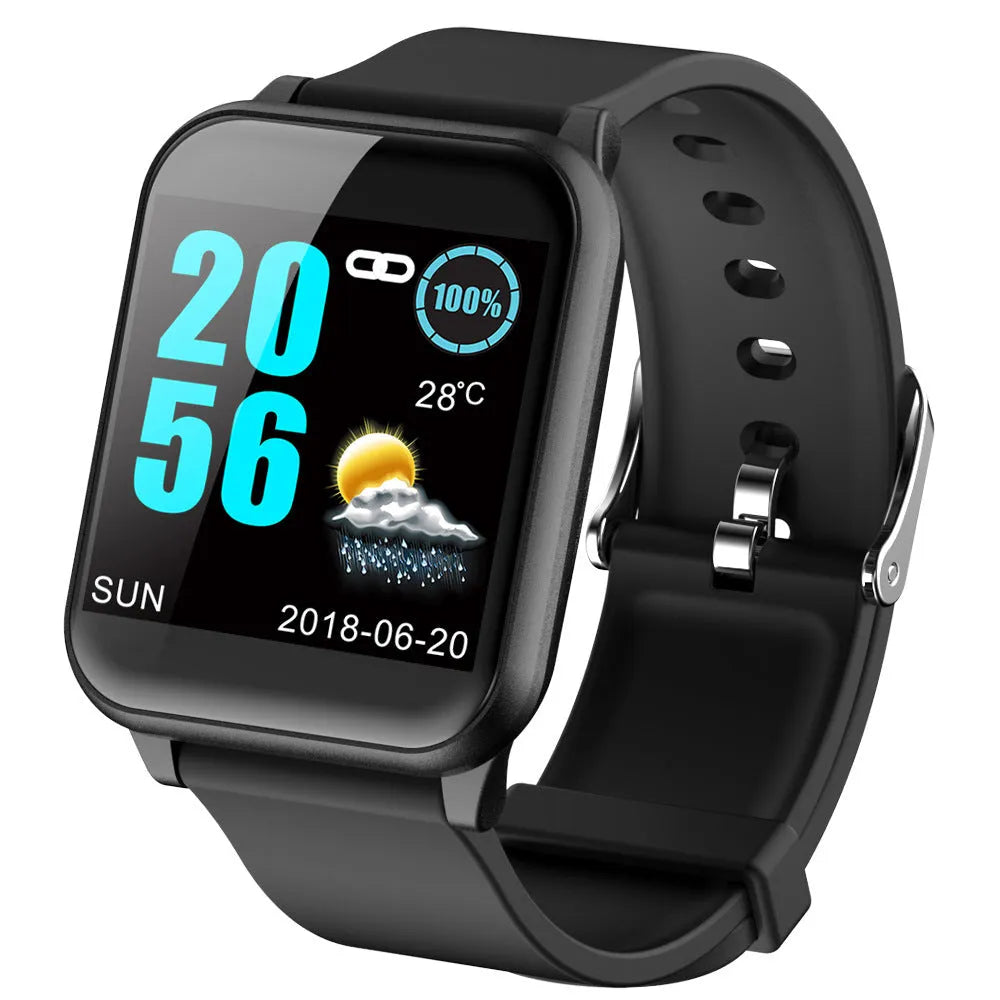 Waterproof Bluetooth smart sports watch with metal body and black TPU wristband on wrist