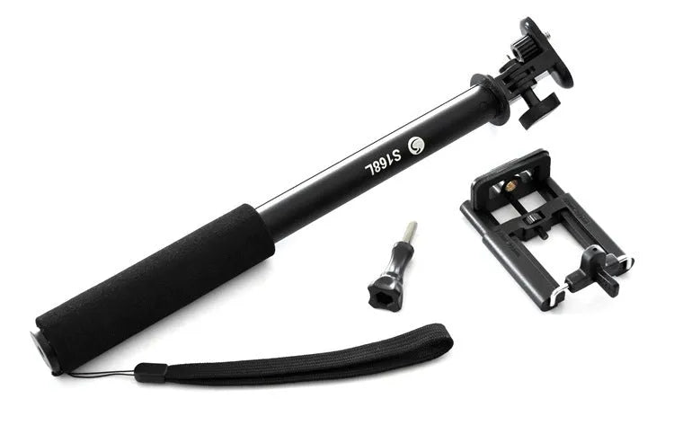 Aluminium alloy mobile phone selfie stick in black, red, and gold colour options