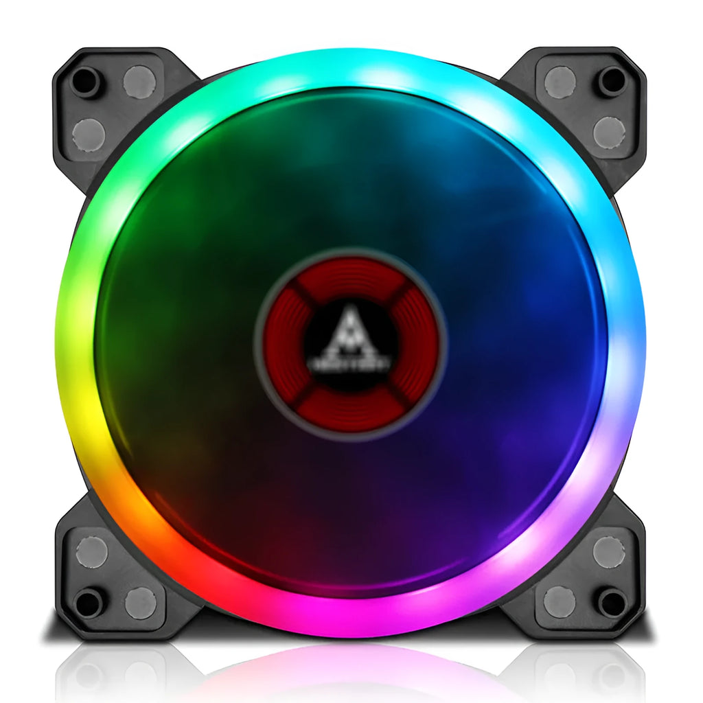Camouflage-patterned 120mm PC chassis fan with illuminated RGB lights.