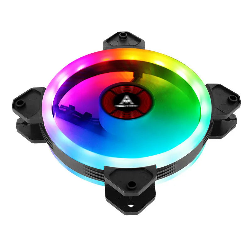 Camouflage-patterned 120mm PC chassis fan with illuminated RGB lights.