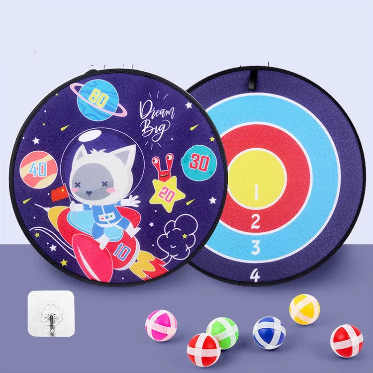 Children's sticky ball dart board with cartoon animal design and six Velcro balls