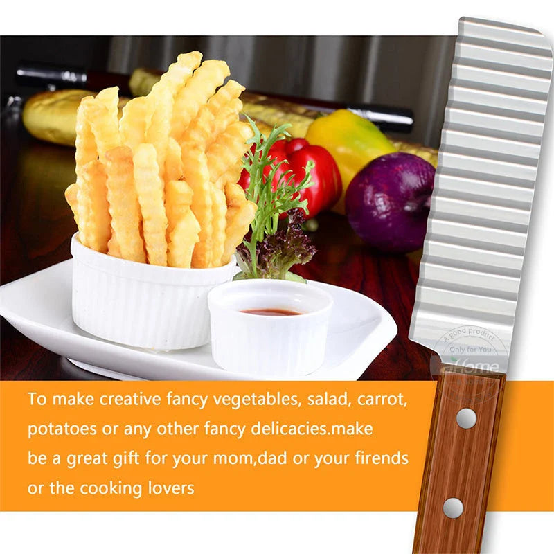 Stainless steel french fries cutter with wave cutting edge and brown handle