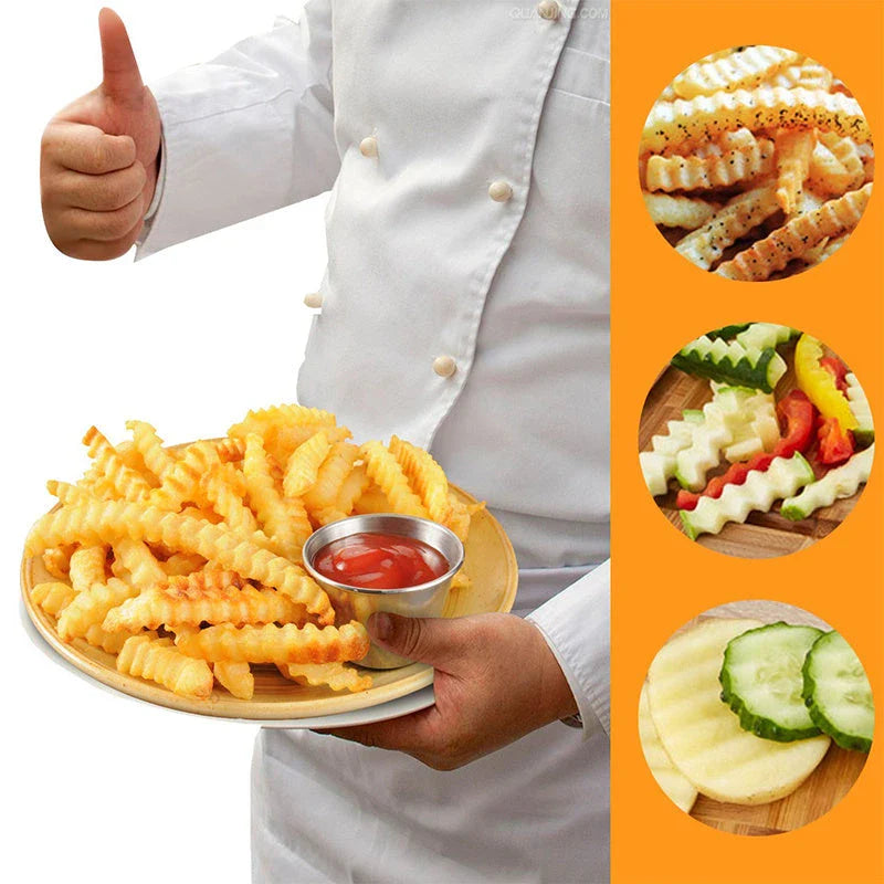 Stainless steel french fries cutter with wave cutting edge and brown handle