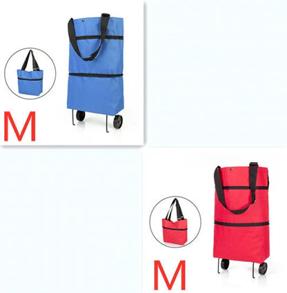 Folding shopping cart with wheels and reusable bags in various colors