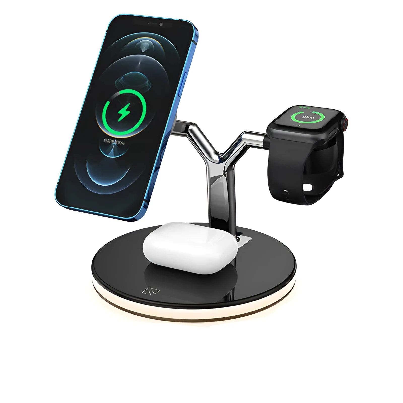 Black magnetic wireless charging station with iPhone, AirPods and Apple Watch positioned for charging
