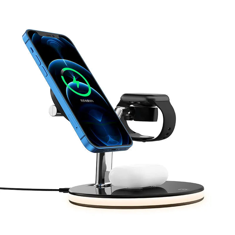 Black magnetic wireless charging station with iPhone, AirPods and Apple Watch positioned for charging