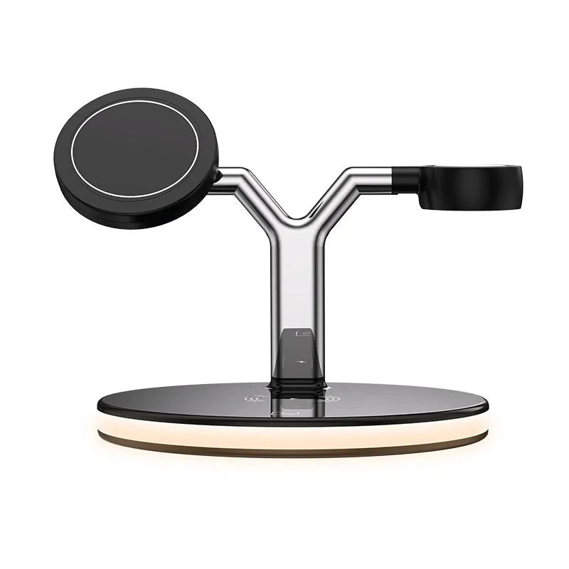 Black magnetic wireless charging station with iPhone, AirPods and Apple Watch positioned for charging