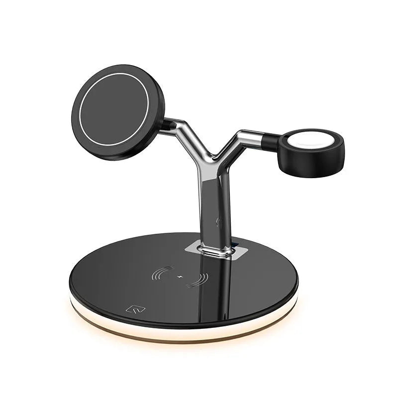 Black magnetic wireless charging station with iPhone, AirPods and Apple Watch positioned for charging