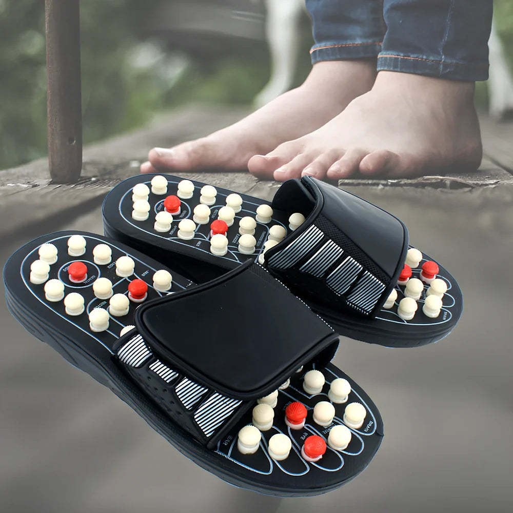 Black adjustable Velcro massage slippers with 2.5cm thick rubber sole for hiking, rotating bottom reduces foot irritation