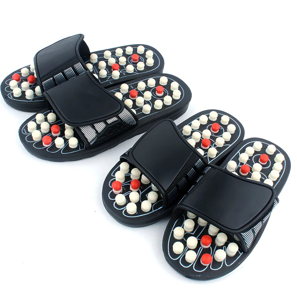 Black adjustable Velcro massage slippers with 2.5cm thick rubber sole for hiking, rotating bottom reduces foot irritation