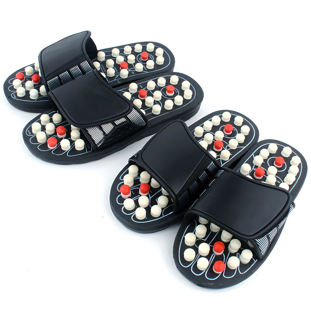 Black adjustable Velcro massage slippers with 2.5cm thick rubber sole for hiking, rotating bottom reduces foot irritation